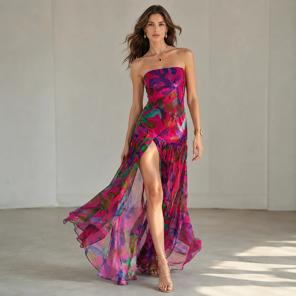 Women's Tube Top DressStrapless Backless Mesh Patchwork Tropical Leopard Print High Slit Long Dress for Party Club Night Polyester