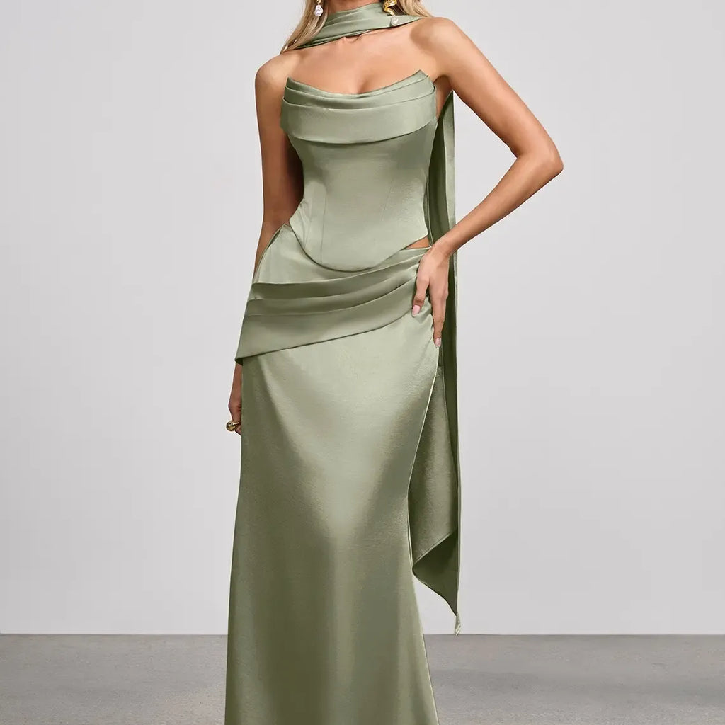 Azazie Sorrel Corset Lace-up Mermaid Wedding Guest Evening Luminous Satin Maxi Dress Minimalist
