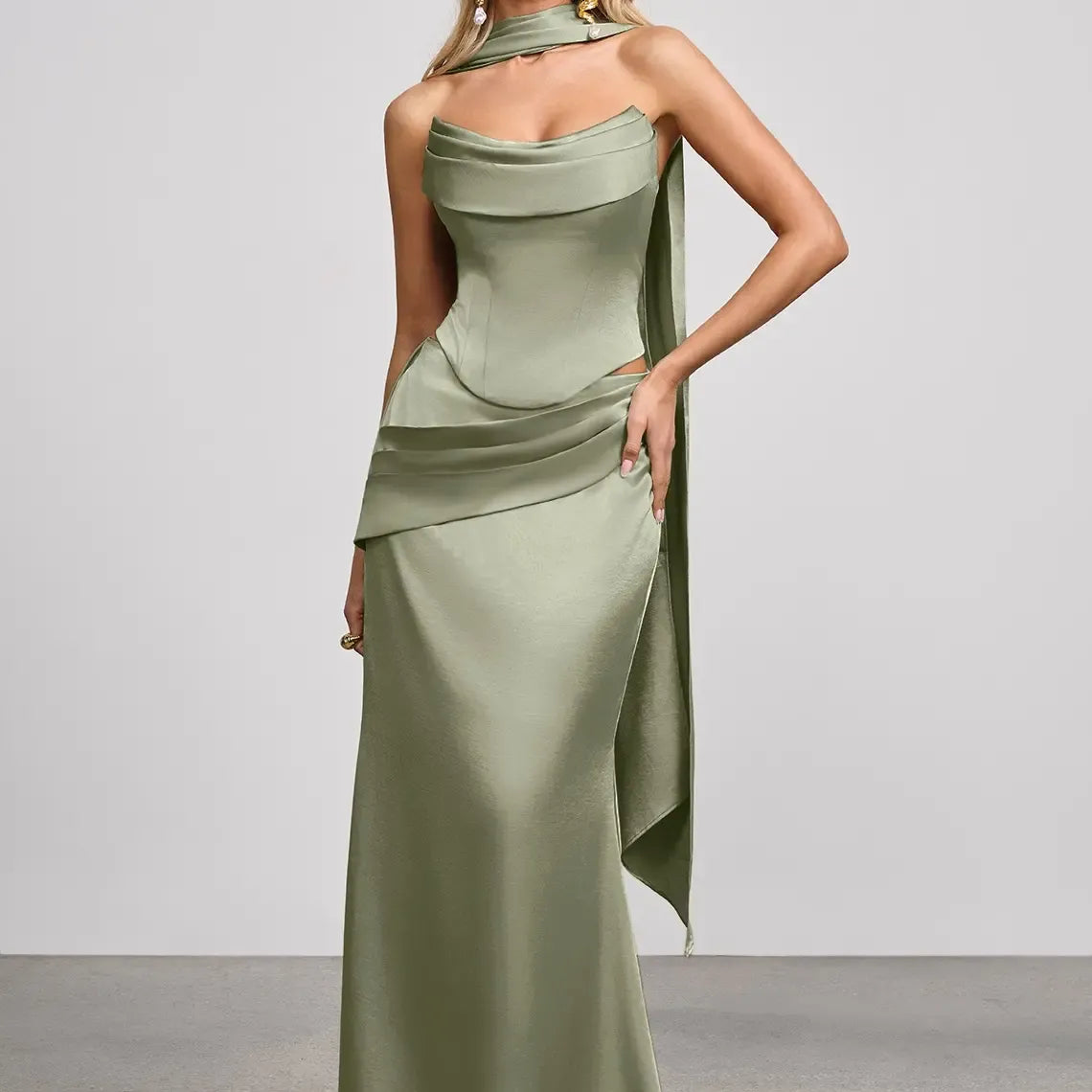 Azazie Sorrel Corset Lace-up Mermaid Wedding Guest Evening Luminous Satin Maxi Dress Minimalist