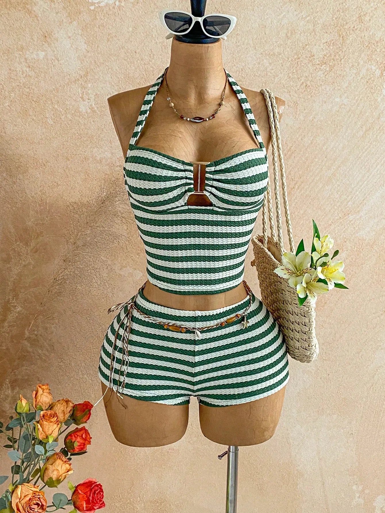 Soleia Women's Vacation Striped Halter Top And Shorts Casual 2 Pieces Set