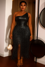 One Shoulder Sleeveless Fringe Metallic Party Maxi Dresses-Gold