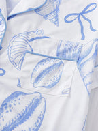 2pcs Women Pajama Set, Seashell Print, Ladies Homewear, Spring/Summer Holiday Outfit, Short Sleeve Lapel Top And Shorts Can Be Worn Outerwear