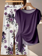 Women's Purple Floral Contrast Color Tie Bow Blouse And Straight Leg Loose Pants 2 Pieces Set,Casual Vacation Summer