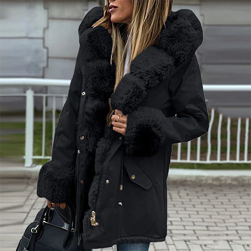 Women's parka with detachable puffed fur collar