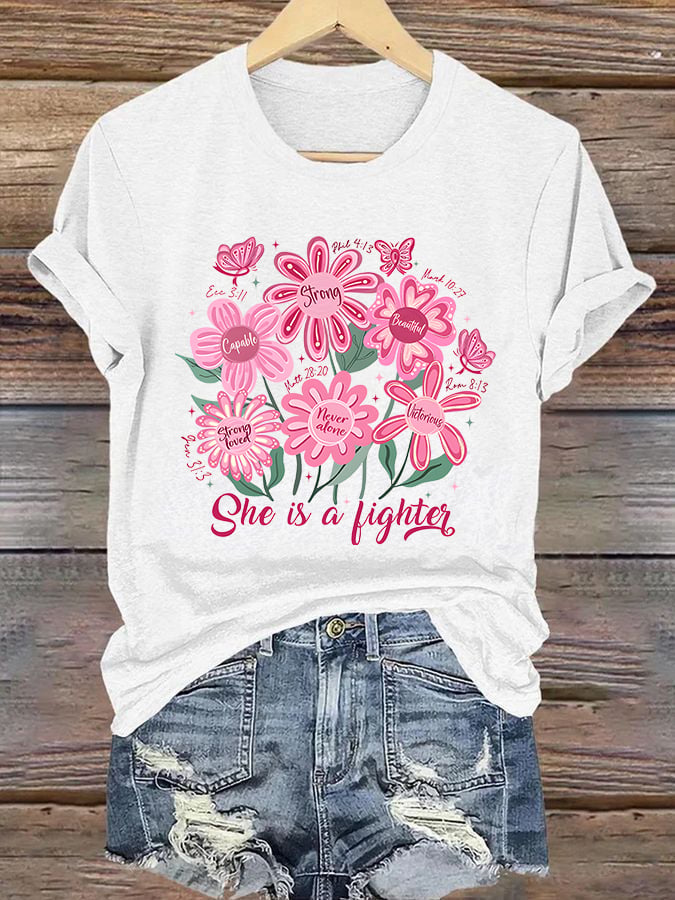Women'S Casual Short-Sleeve Crew-Neck T-Shirt With Breast Cancer Awareness Print