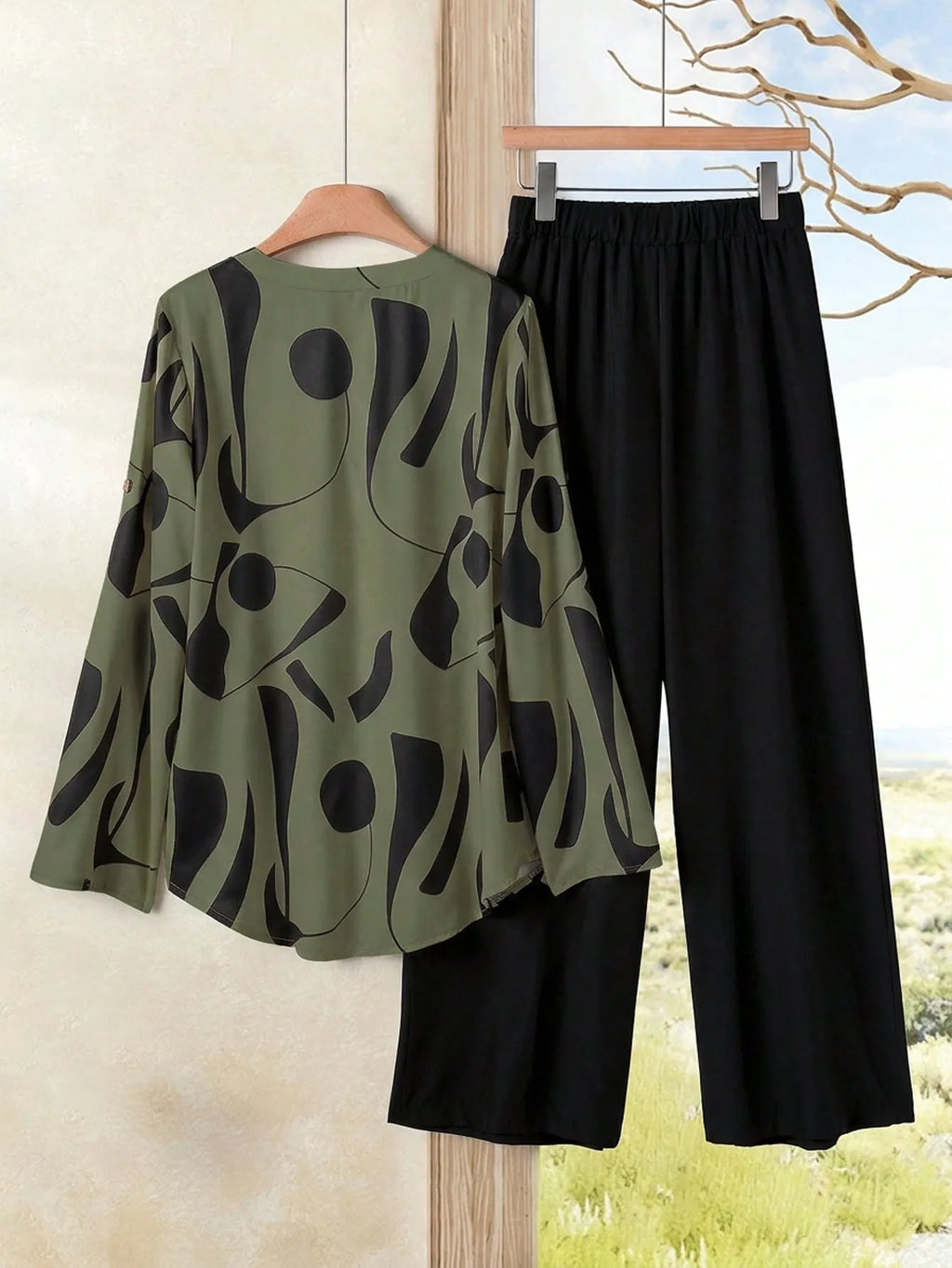 2pcs Women Contrast Color Print Shirt And Pants Set Old Money Style Business Casual Woman Blouse Sets For Ladies Two Piece