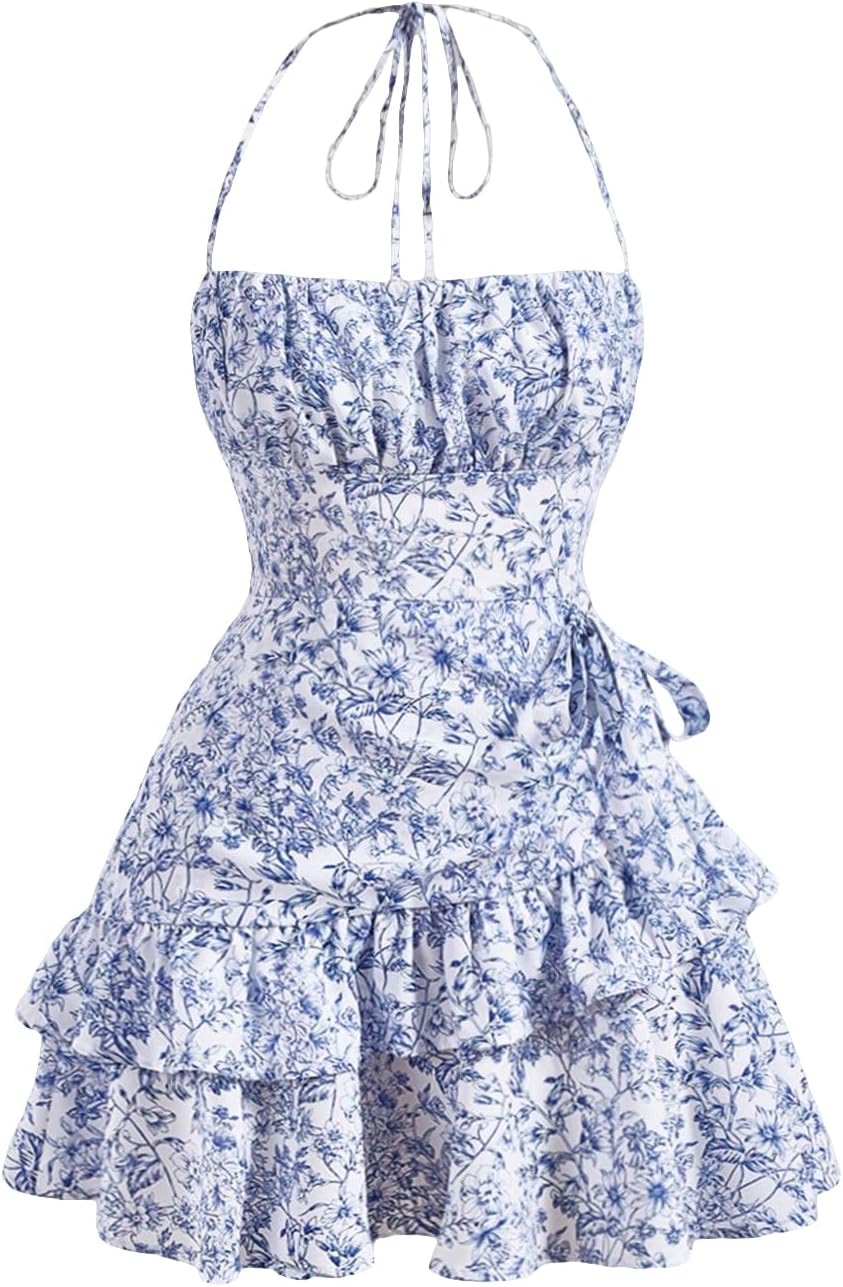 Floerns Women's Floral Halter Ruffle Tiered Cute Summer Mini Dress Milkmaid Vacation Sundress