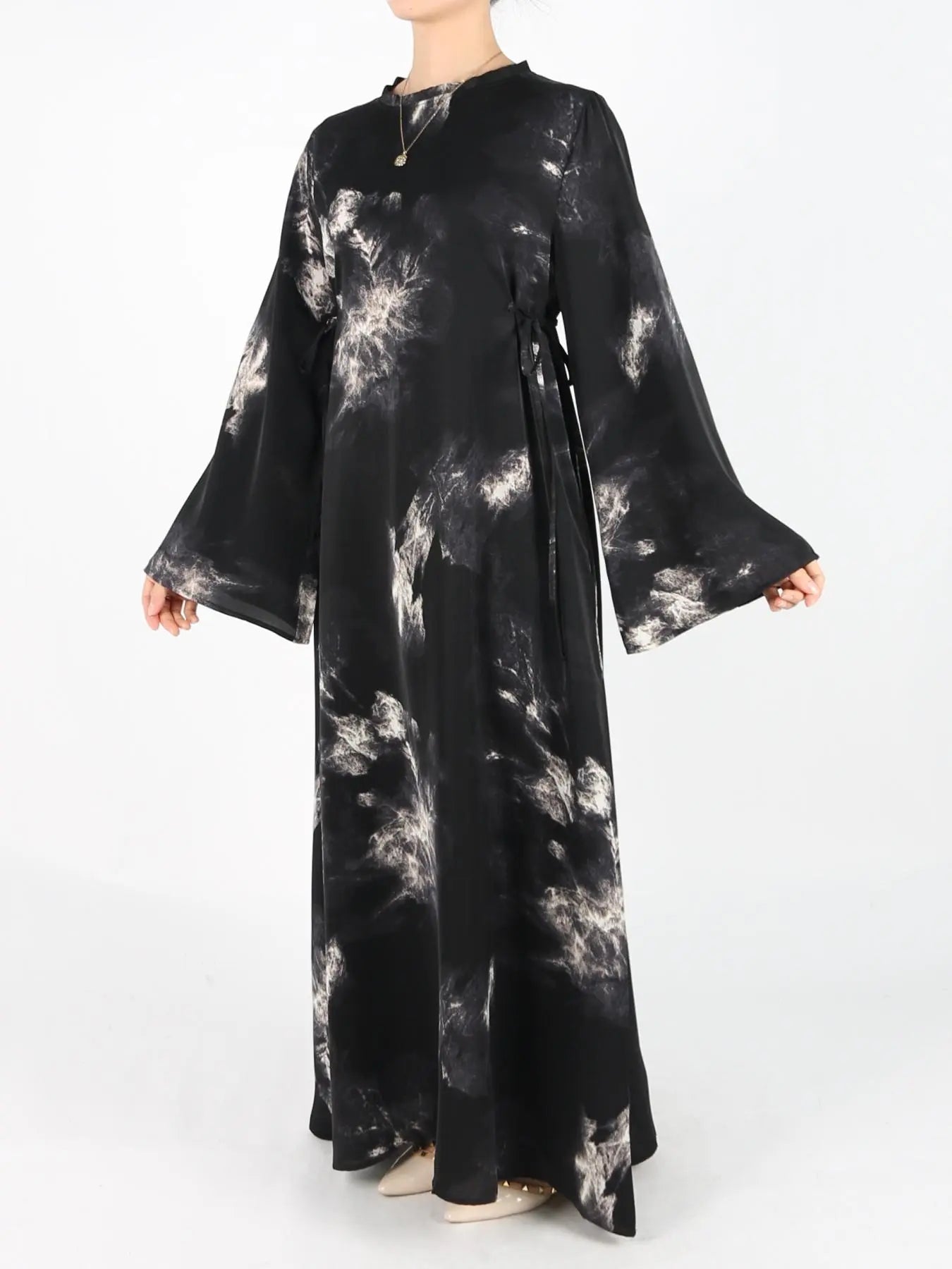 Women's Tie Side Zipper Back Dress, Elegant Long Sleeve Belted Abaya Dress for Daily Wear, Ladies Islamic Clothing for All Seasons, Round Neck Abayas