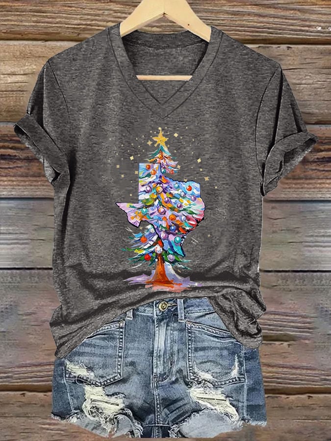 V-Neck Retro Texas Christmas Tree Watercolor Painting Print T-Shirt