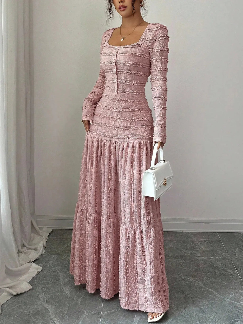 Women's Casual Elegant Party Sweet Cute Long Sleeve Square Neck Dress, Womenswear Stylish Ladies' Formal Evening Wear Elegant Gown, Perfect for Special Occasions Valentine's Day, Sweet And Cute