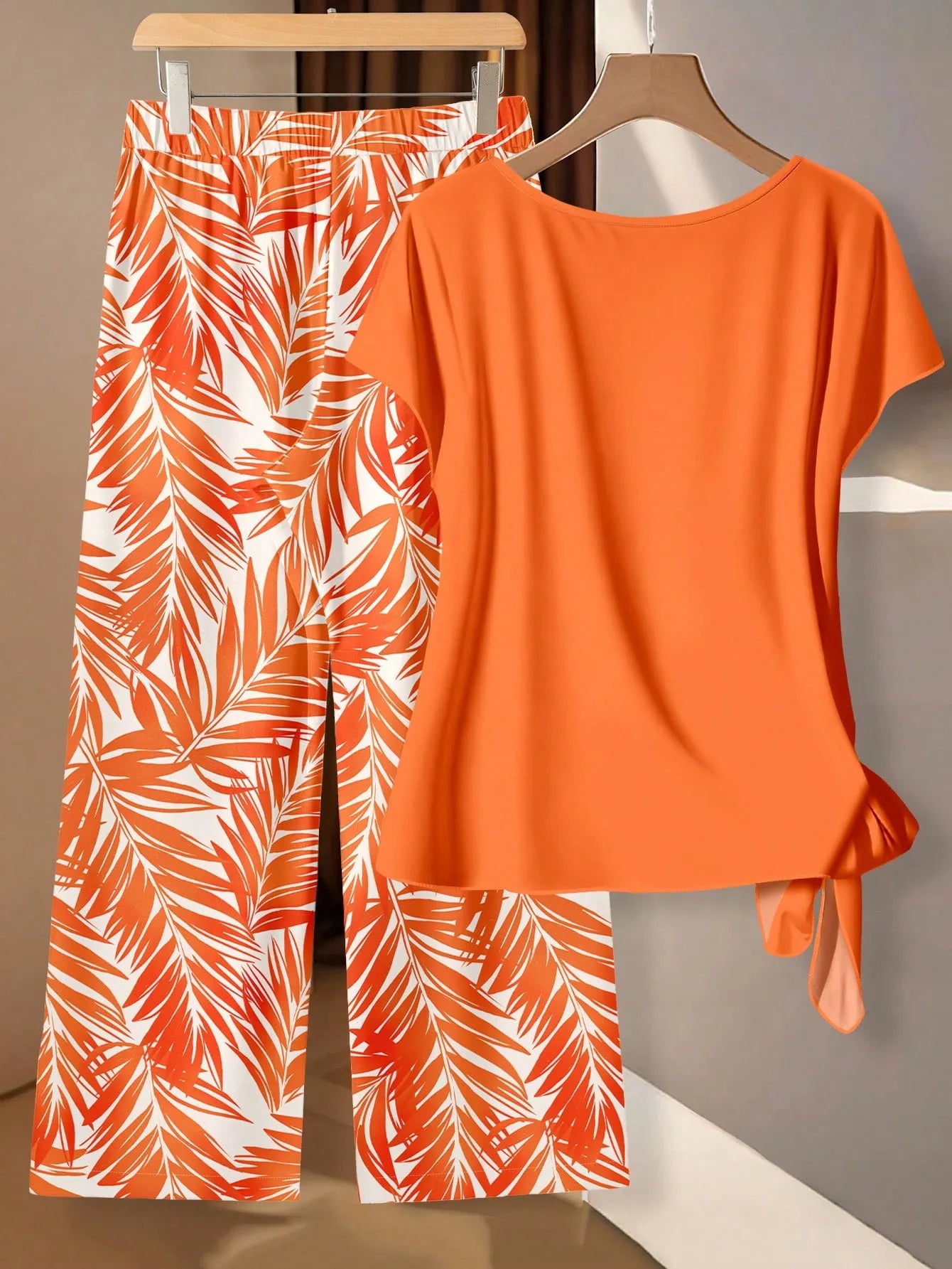 Women's 2 Pieces Set,Orange And White Plants Pattern Twist Tee & Long Pants,Summer Boho Holiday Vacation Holiday Beach Festival Outfit Woven Fabric