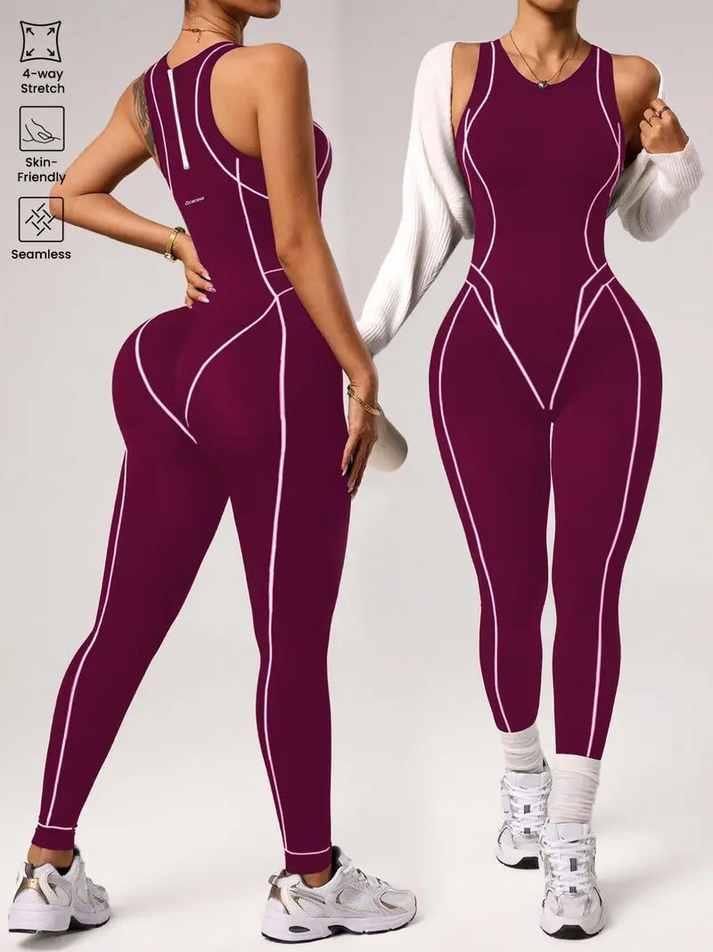 Women's Seamless High Elastic Yoga Jumpsuit, Back Zipper, Breathable Sportswear, Suitable for All Seasons, Ideal for Gym, Running, Yoga, Sporty Jumpsuit