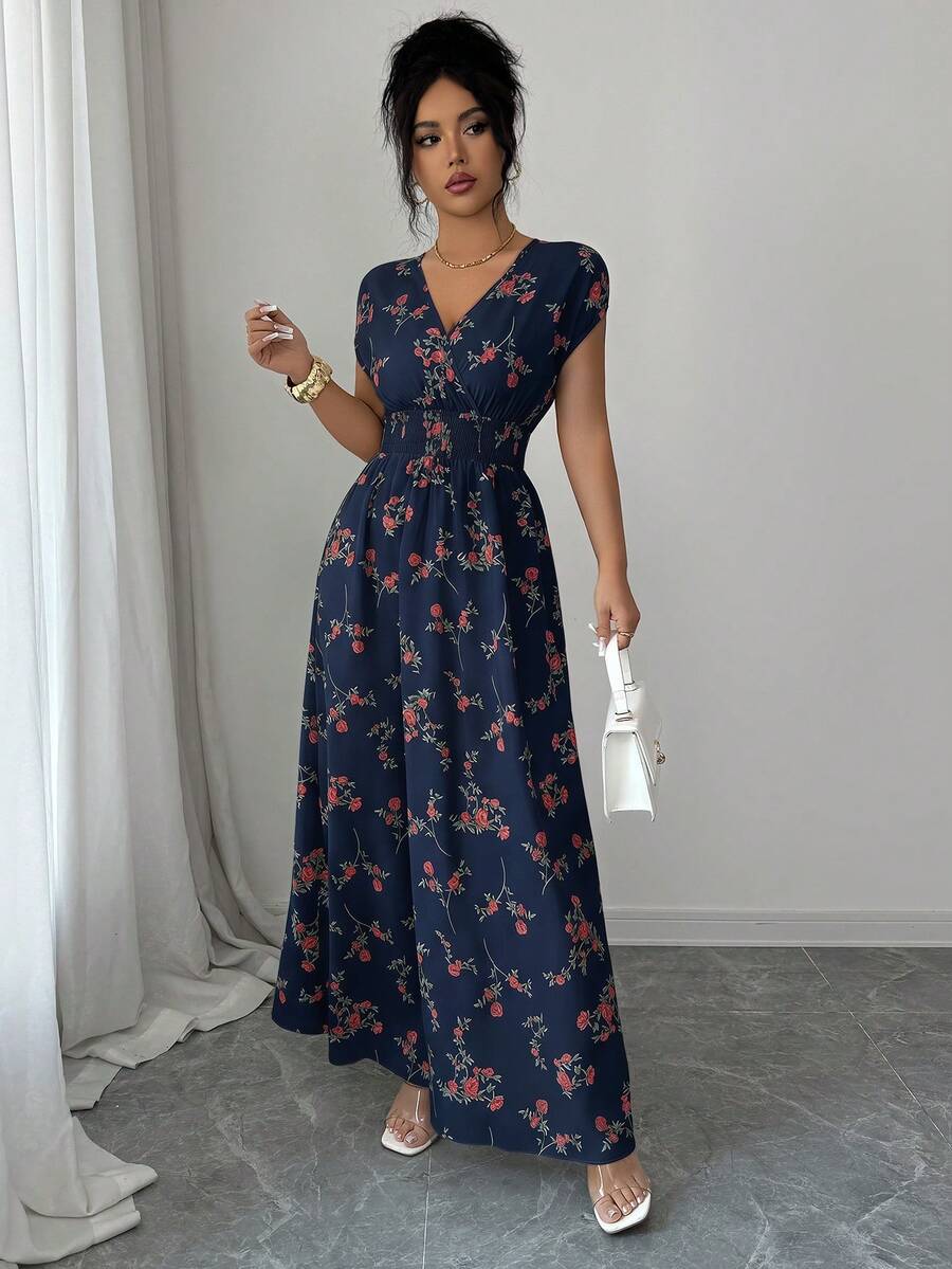 Elenzga Women V-Neck Allover Print Casual Long Dress