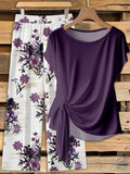 Women's Purple Floral Contrast Color Tie Bow Blouse And Straight Leg Loose Pants 2 Pieces Set,Casual Vacation Summer