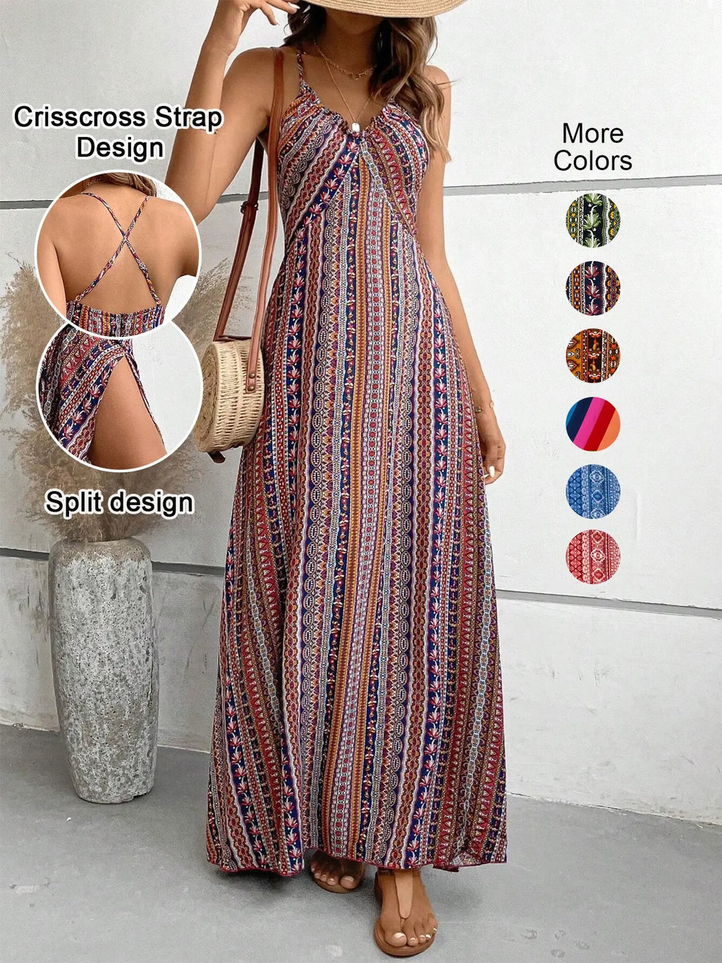 Women's Printed Split Long Sleeveless Dress, Classic Stripe Design, Backless Criss Cross Strap, Spring Summer Fall Wear, Casual Boho Elegant Bohemian Style Womenswear