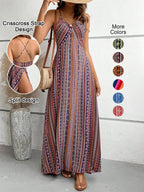 Women's Printed Split Long Sleeveless Dress, Classic Stripe Design, Backless Criss Cross Strap, Spring Summer Fall Wear, Casual Boho Elegant Bohemian Style Womenswear