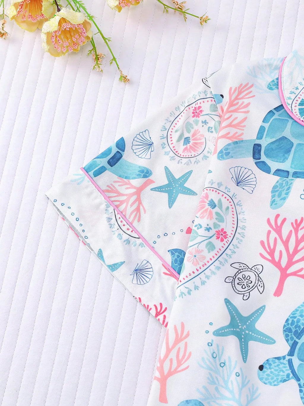 2pcs Women Pajama Set, Ocean Turtle Print, Ladies Homewear, Spring/Summer Holiday Outfit, Short Sleeve Polo Shirt And Shorts Suit