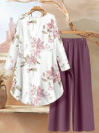 2pcs Women Vintage Floral Loose Fit Round Neck Long Sleeve Top And Pants Set, Suitable For Autumn/Winter Ladies Casual Sets Fall Clothes