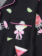 Women's Casual Pajama Set, Long Sleeve Button Front Shirt & Elastic Pants