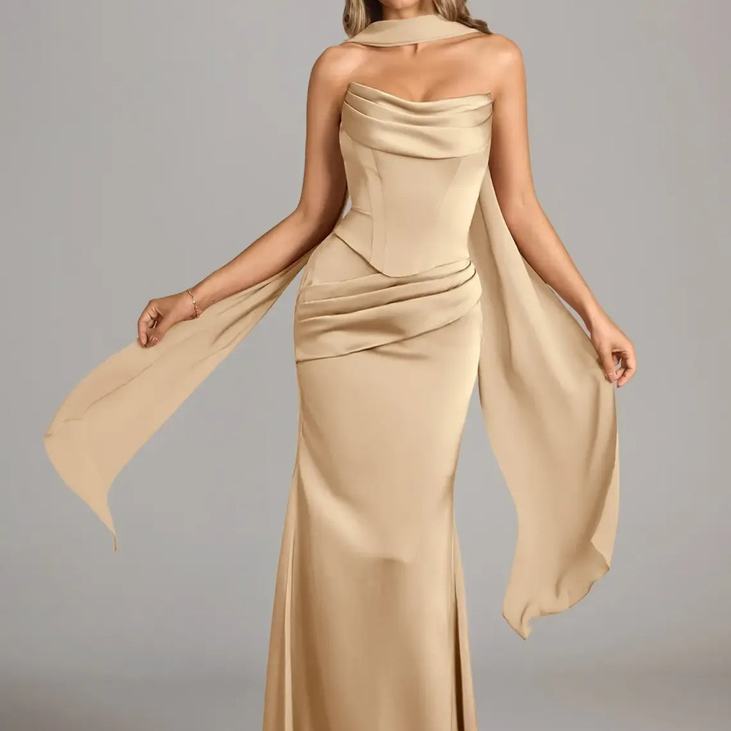 Azazie Sorrel Corset Lace-up Mermaid Wedding Guest Evening Luminous Satin Maxi Dress Minimalist