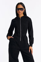 For The Hustle Hooded Utility Denim Jumpsuit - Black
