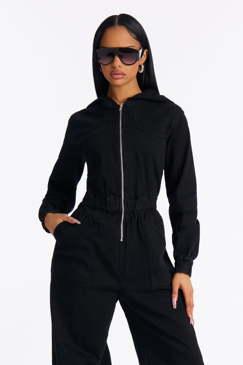 For The Hustle Hooded Utility Denim Jumpsuit - Black