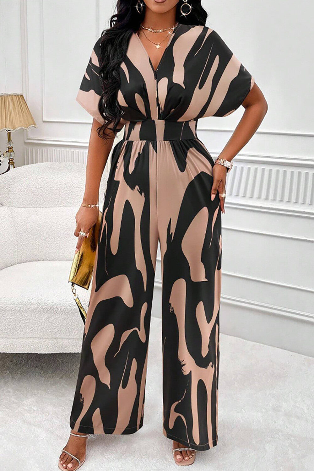 Abstract Print V Neck Short Sleeve High Waist Wide Leg Jumpsuit-Black