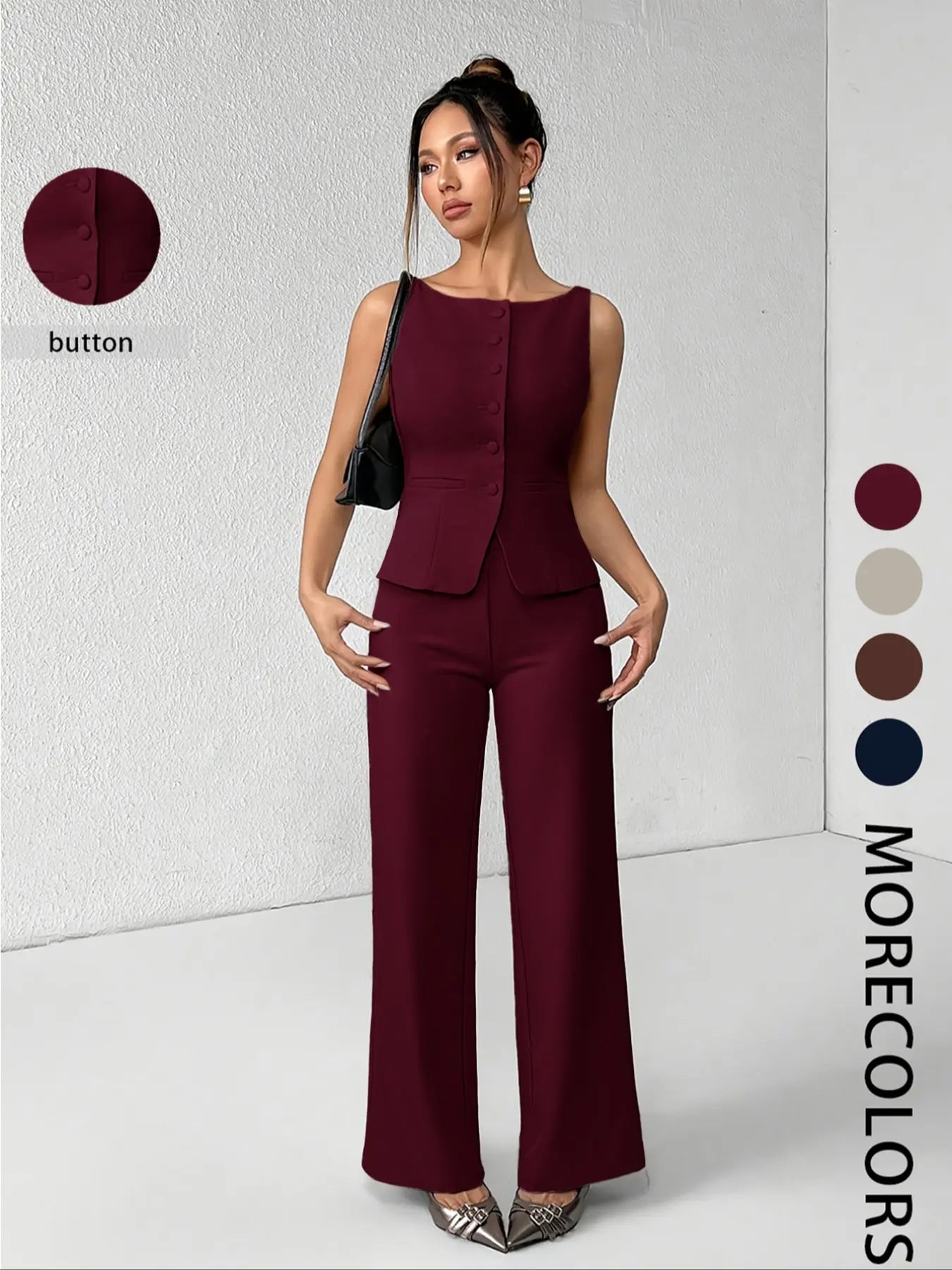 Women's Solid Button Front Sleeveless Tank Top & Wide Leg Pants Set, Casual Elegant Chic Minimalist Fashion Two-piece Set for Summer, Women's Clothing for Daily Wear, Suits, Office Siren Outfits, Casual Matching Set, Corporate Outfits Women