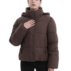 Warm Core Premium Short Puffer Jackets with Removable Hood & Optional Faux Fur Linging, Lady Casual Outerwear Longsleeves Zip Pockets Warm Quilted Coat