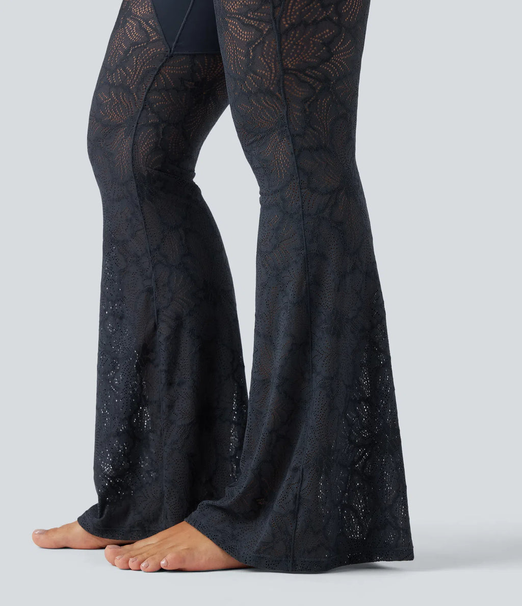 UltraSculptTM High Waisted Tummy Control Contrast Lace Yoga Flare Leggings with Pocket
