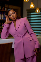 Shawl Collar Cinch Waist Blazer Solid Color Pants Set-Pink [Pre Order]