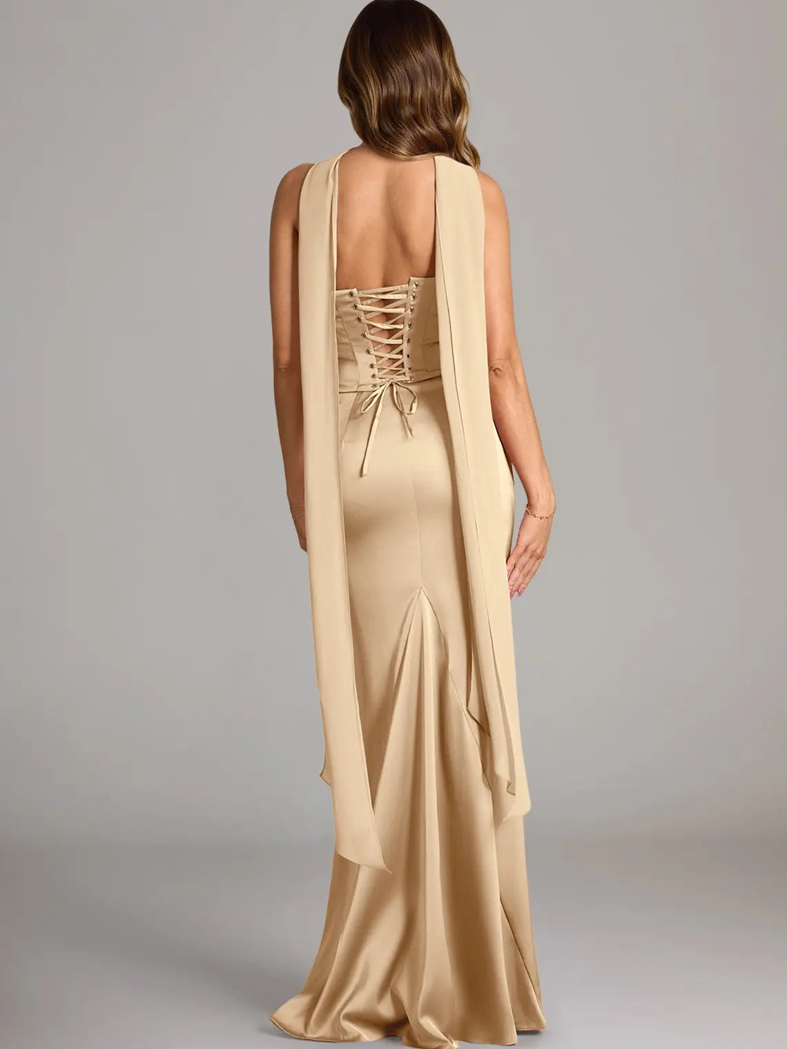 Azazie Sorrel Corset Lace-up Mermaid Wedding Guest Evening Luminous Satin Maxi Dress Minimalist