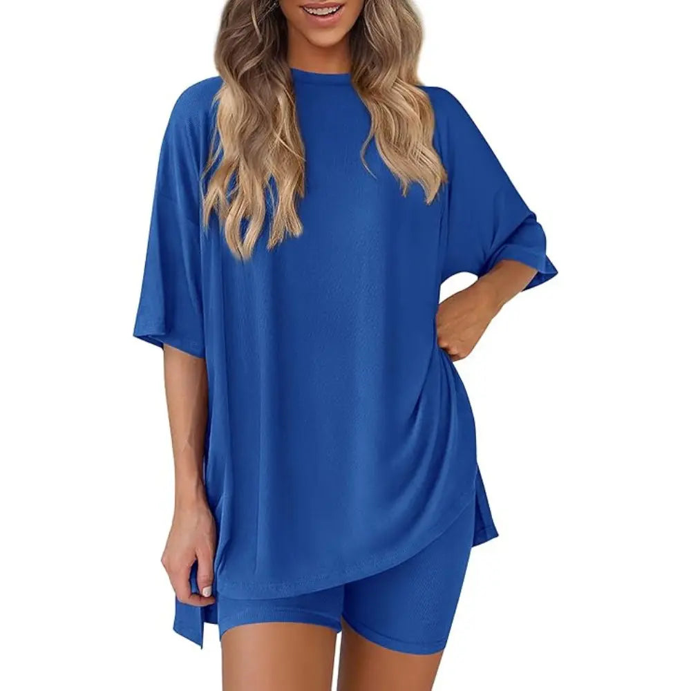 Women Summer  Casual Oversized  Split Hem Shirts & Side Pocket Biker Shorts