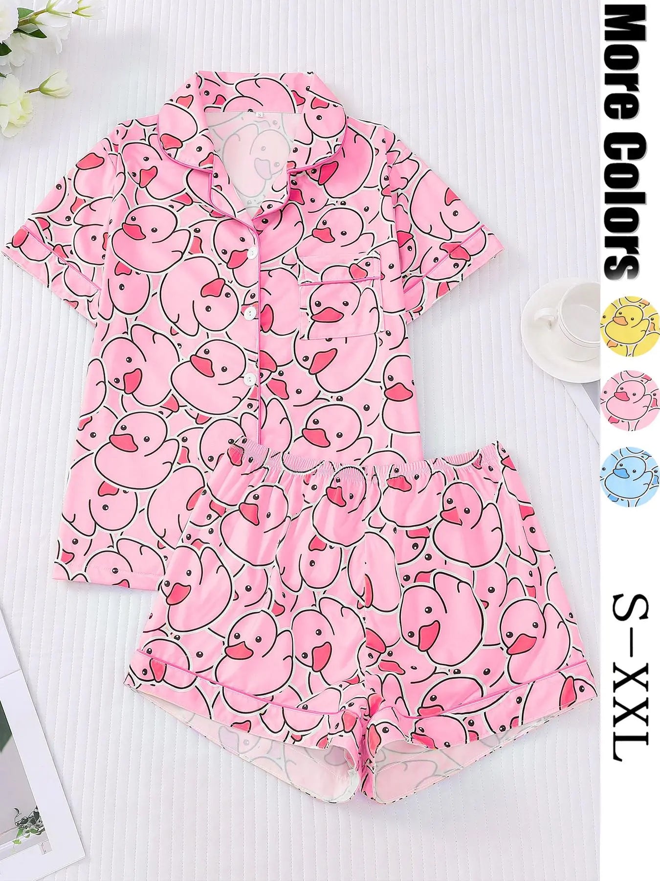 Women's Duck Print Shirt & Elastic Waist Shorts Pajama Two-piece Set