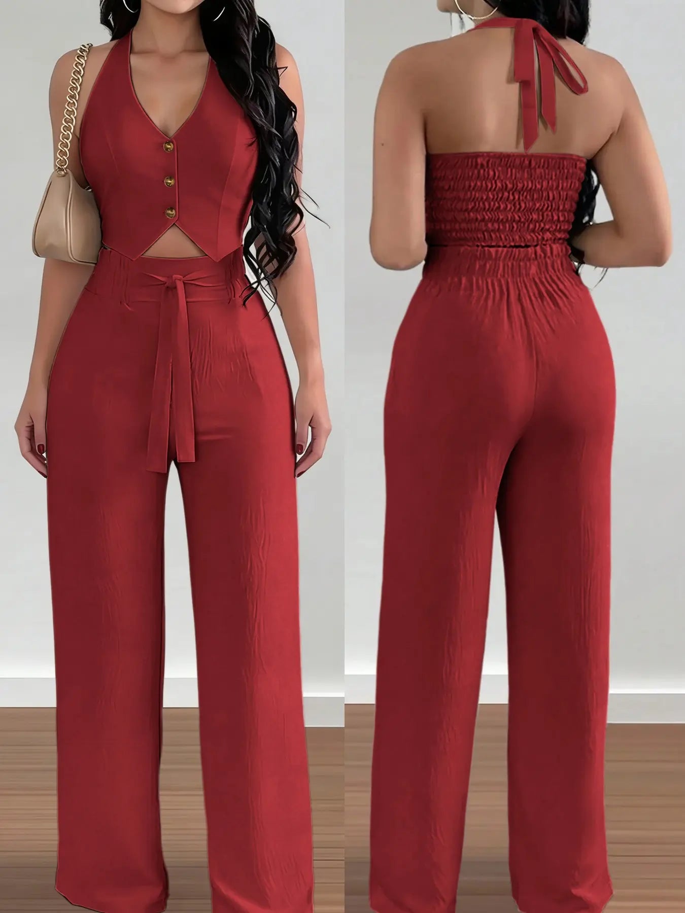 Women's Halter Crop Top & Wide-Leg Pants Set - Comfortable Woven Material