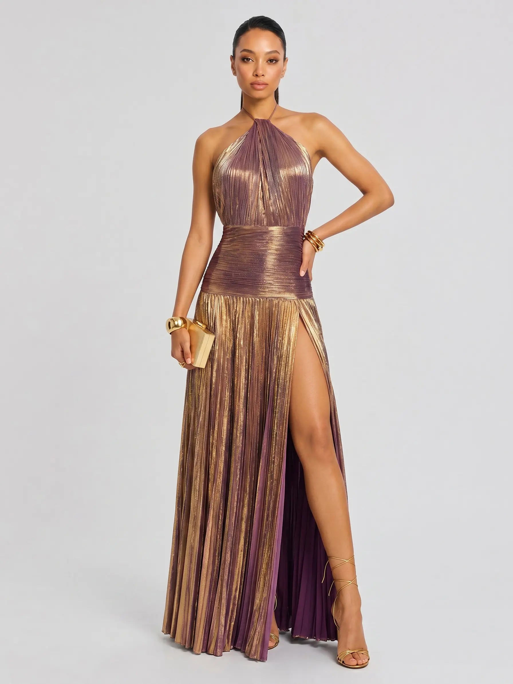 LikeMyChoice 2026 Metallic Olive Gold Maxi Dress for Formal Events