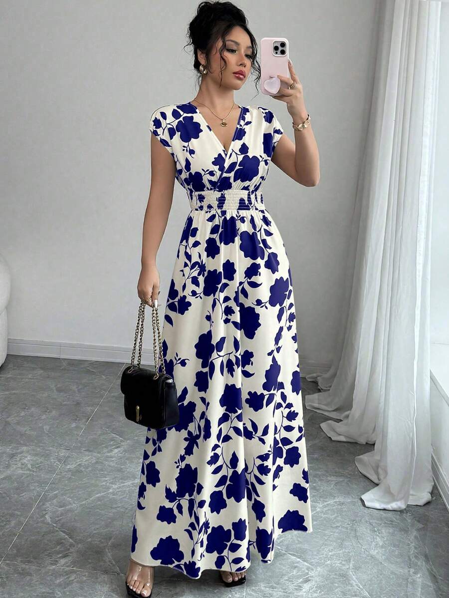 Elenzga Women V-Neck Allover Print Casual Long Dress