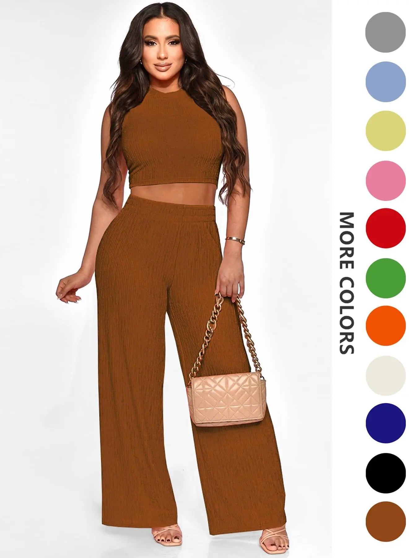 Two-Piece Set Women's Solid Textured Knit Fabric Co-ord Set Suits, Casual Round Neck Crop Tank Top & High Waist Wide Leg Pants Set, Ladies Summer Fit Clothes for Daily Wear, Womenswear