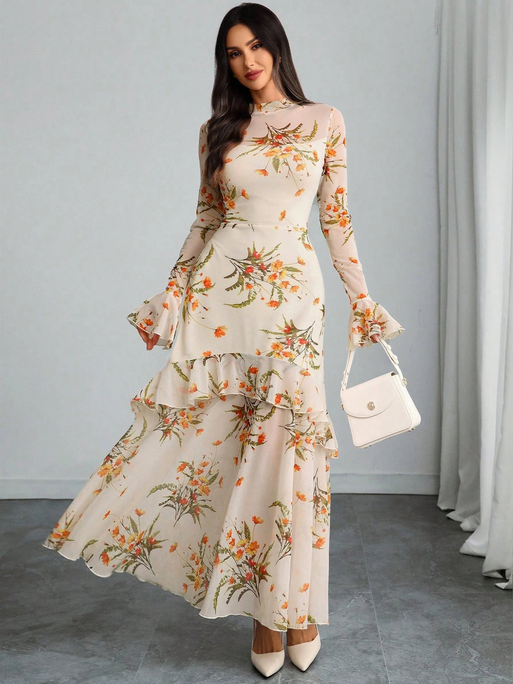 Women's Gothic Elegant Sexy Mesh Splicing Colorful Print Retro Petal Sleeves Ruffle Mermaid Hem Double Layer Dress
