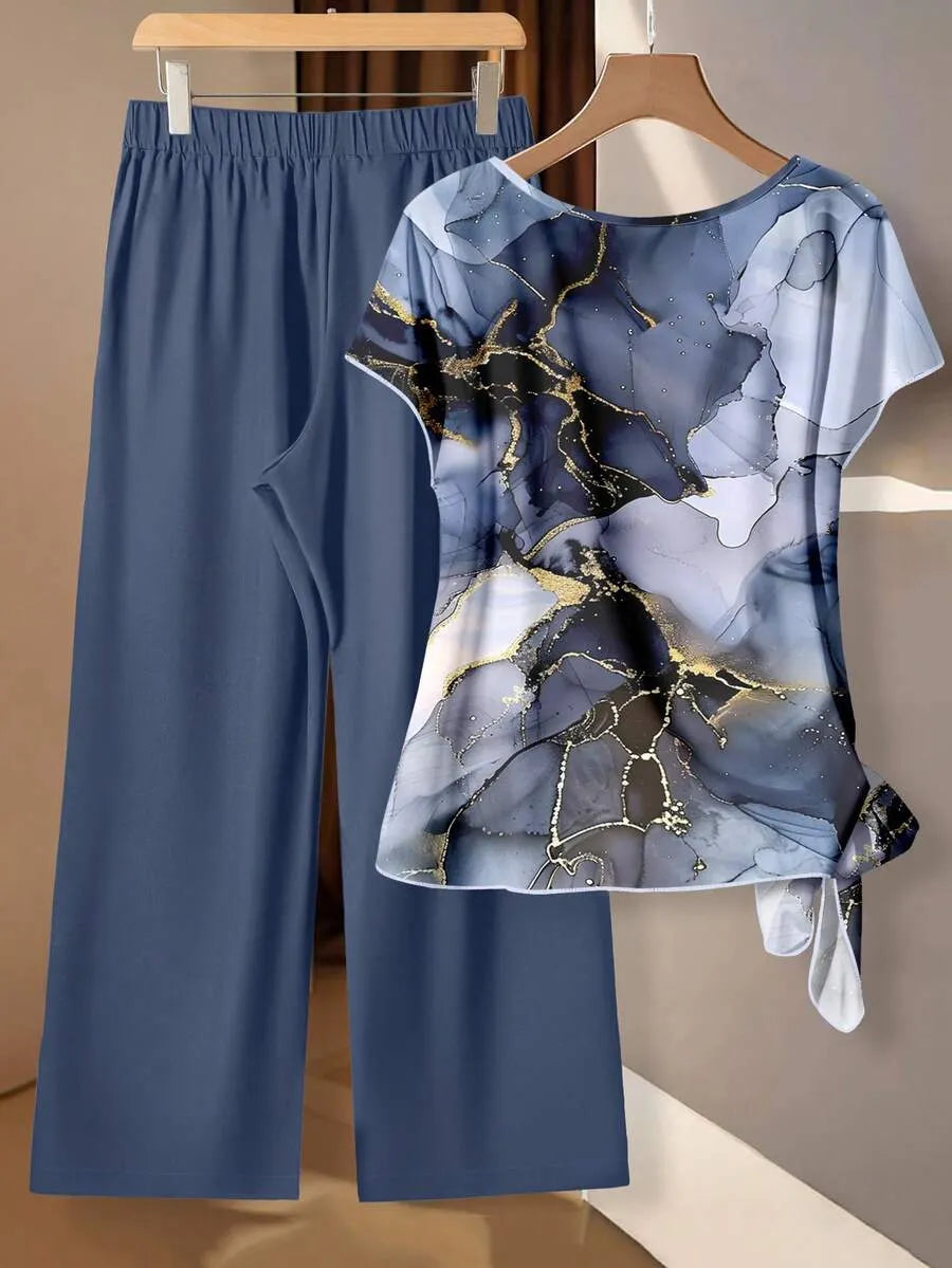Women's Aqua Blue Summer Casual Vacation Holiday 2 Pieces Set,Abstract Floral Pattern Shirt With Tie Bow & Loose Straight Leg Pants,Vintage Style