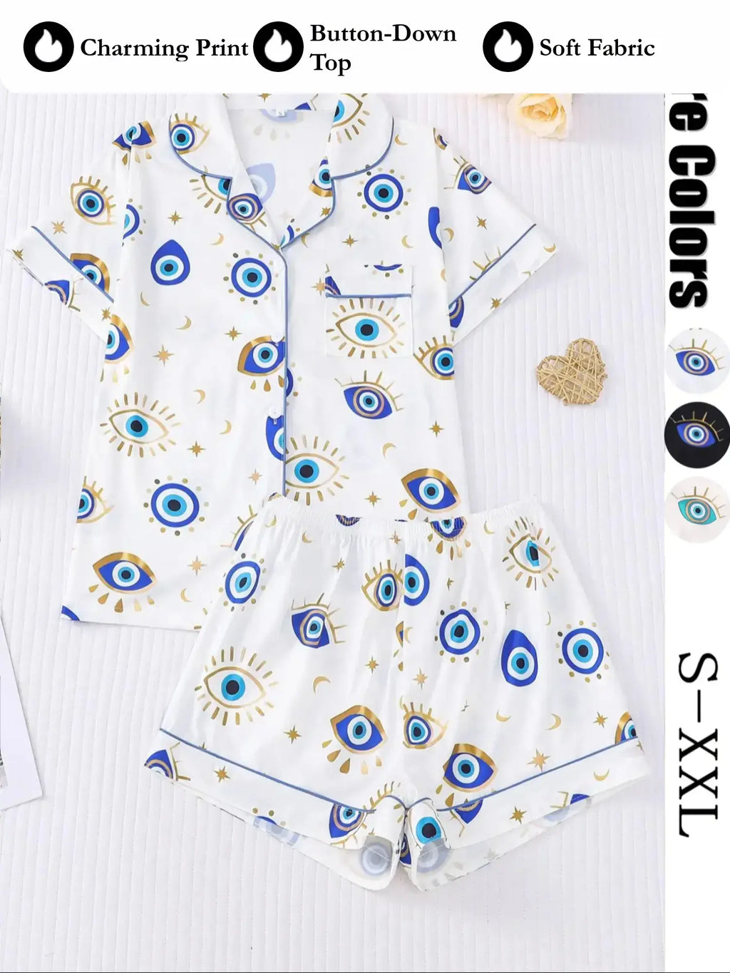 Women's All Over Cartoon Eye Print Short Sleeve Two-Piece Set
