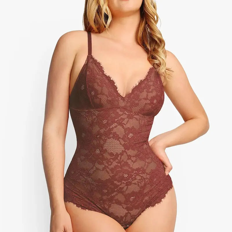 Popilush Basic Full Lace Built in Shapewear Bodysuit Women Vneck Compression Sleeveless Thong Tummy Control Backless Adjustable Sexy Bodysuit Womenswear Summervibe