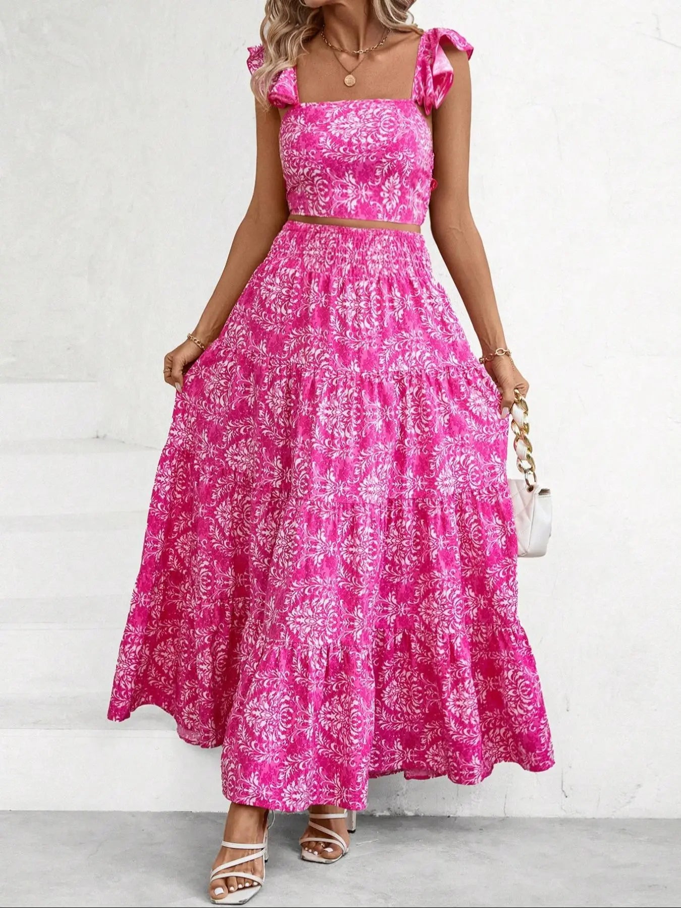 Women's Ethnic Pattern Butterfly-Sleeve Fitted Crop Top & Shirred High Waist A-Line Skirt Set Outfit, Womenswear Summer Boho Bohemian Elegant Square-Neck Top & Ruffle-Hem Long Skirt for Beach Vacations and Holidays Woven Fabric