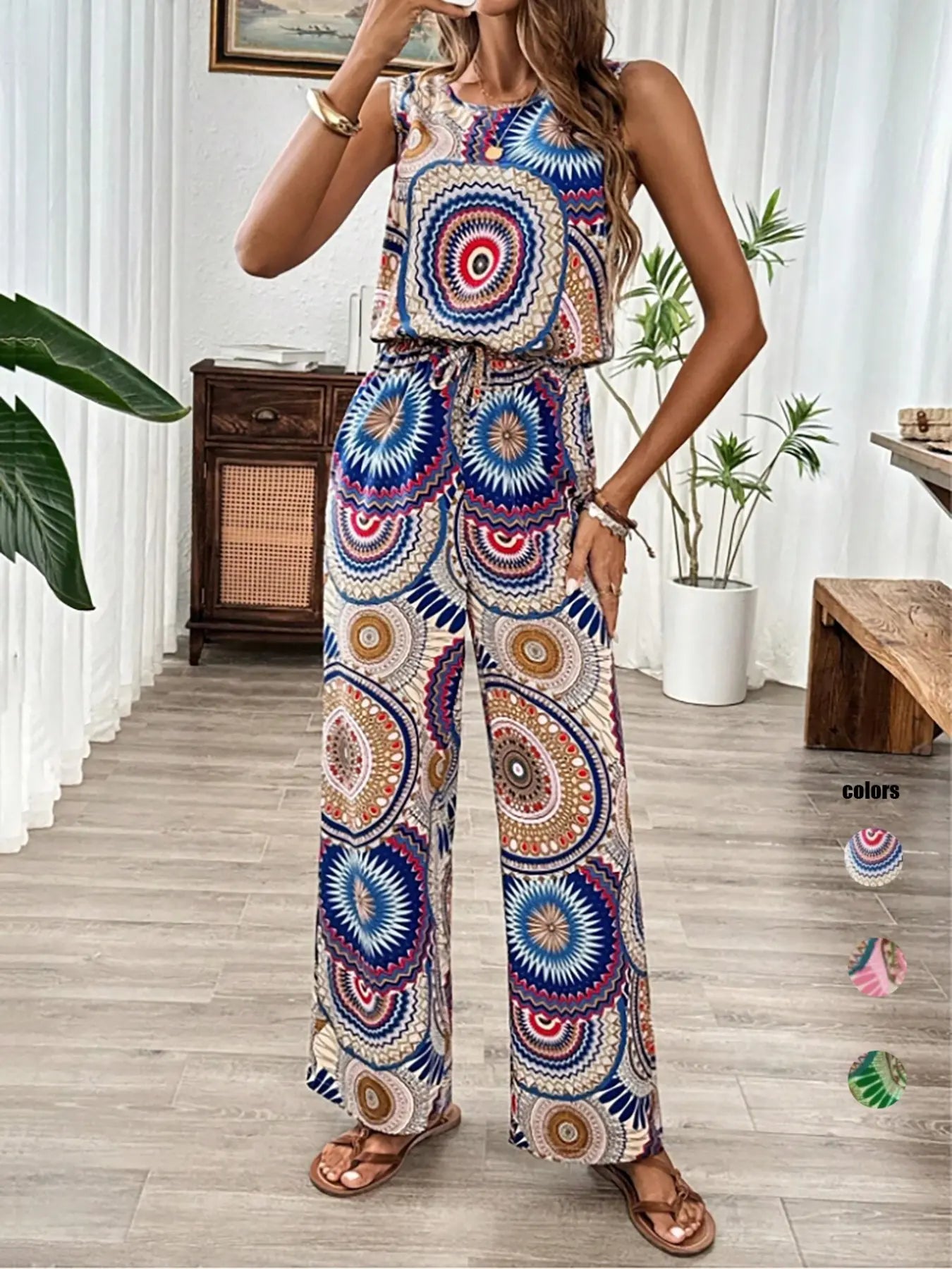 Women's Bohemian Style Sleeveless Jumpsuit, All over Print, Fitted, Casual, Round Neck, Wide Leg, Elastic Waist, Party & Vacation, Boho