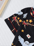 Women's Owl Print Short Sleeve Top & Elastic Waist Shorts Pyjama
