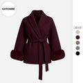 Women's Elegant Solid Color Waist Tie Fuzzy Cuff Wrap Coat, Premium Plush Long Sleeve Thermal Coat, Outerwear Jacket for Fall & Winter(CN/US)