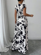 Elenzga Women V-Neck Allover Print Casual Long Dress