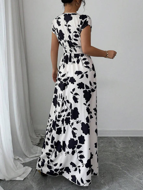 Elenzga Women V-Neck Allover Print Casual Long Dress