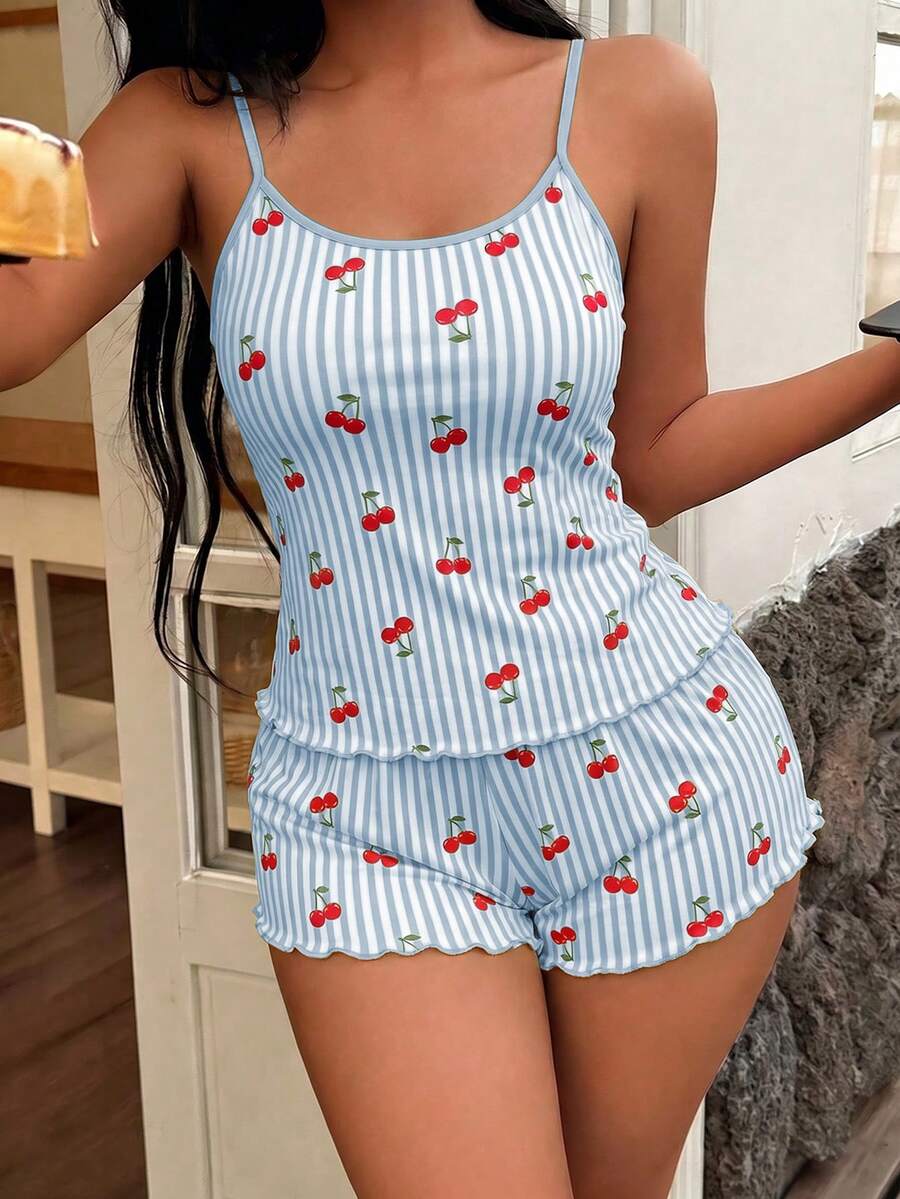 Softscene Women's Striped Cherry Print Camisole & Shorts Pajama Set