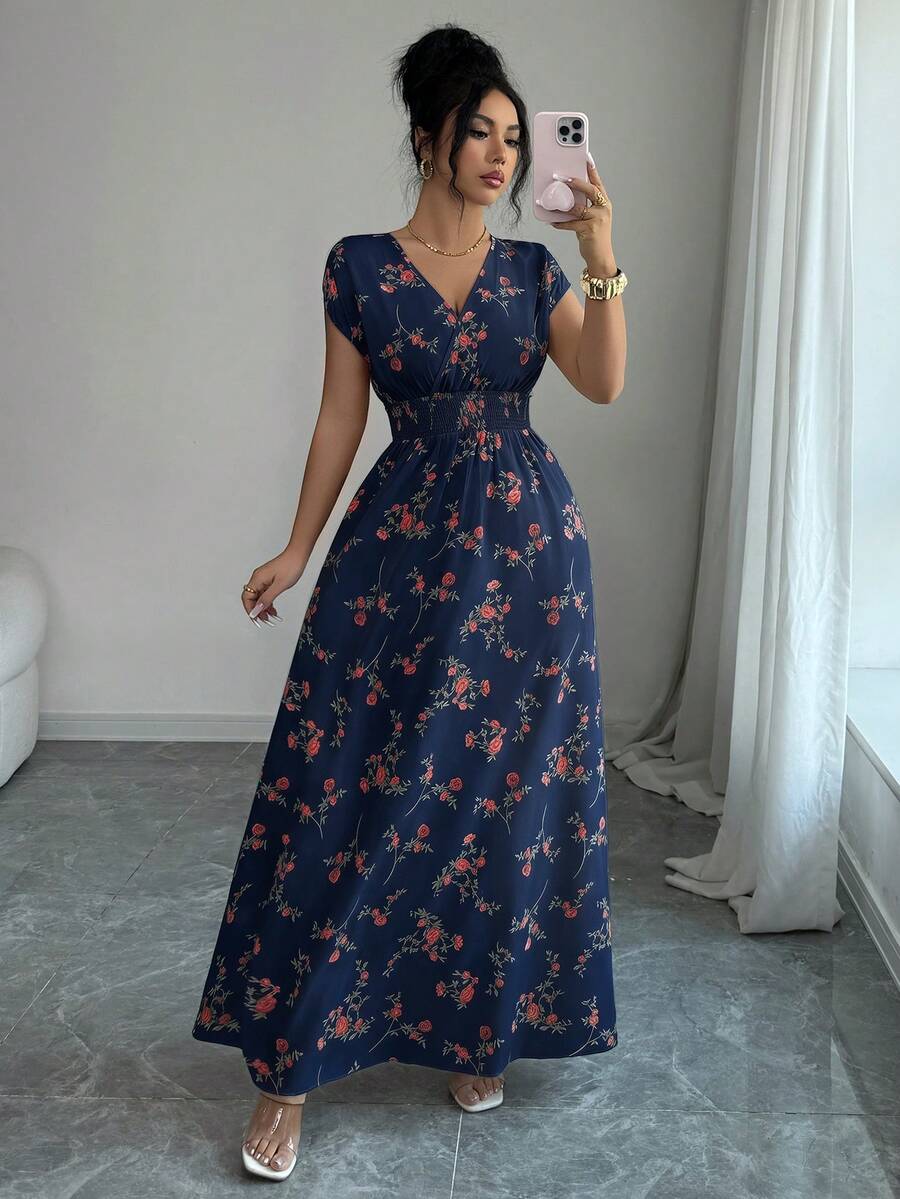 Elenzga Women V-Neck Allover Print Casual Long Dress